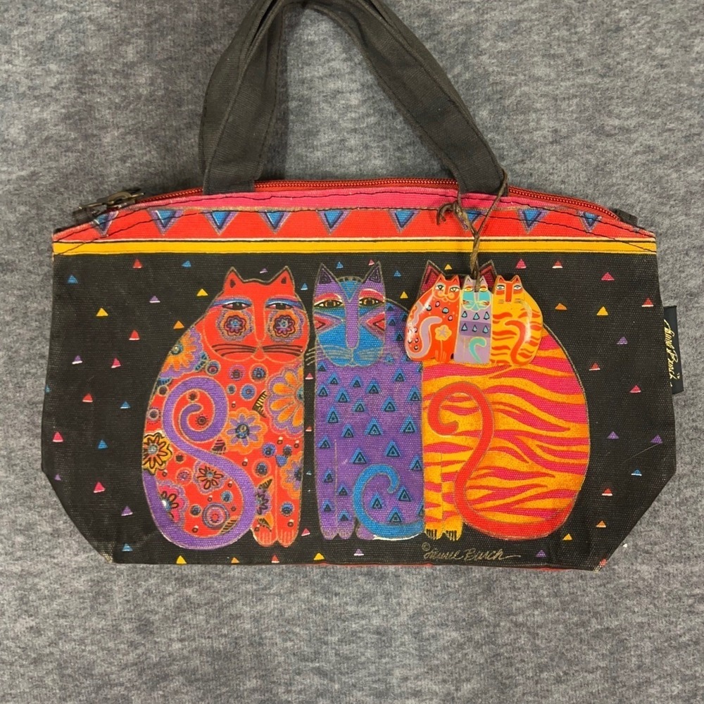 Laurel Burch Fantastic Felines Canvas Tote Bag Small Handbag Black Multi Color